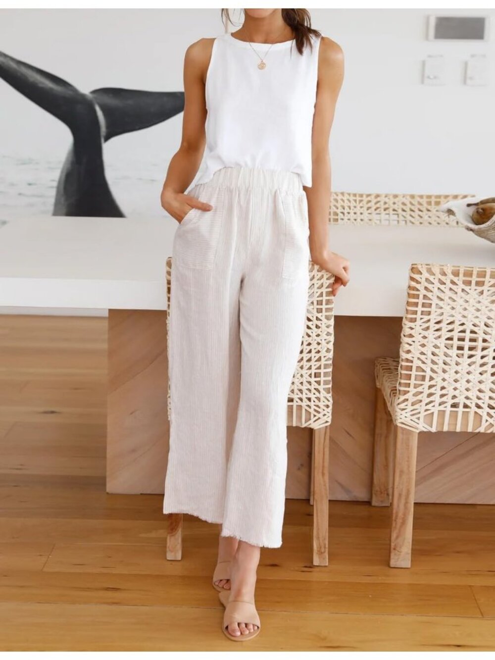 Women's White Boat Neck Spring Summer Beach Sleeveless Linen Crop Tank Tops - Picture 3 of 4